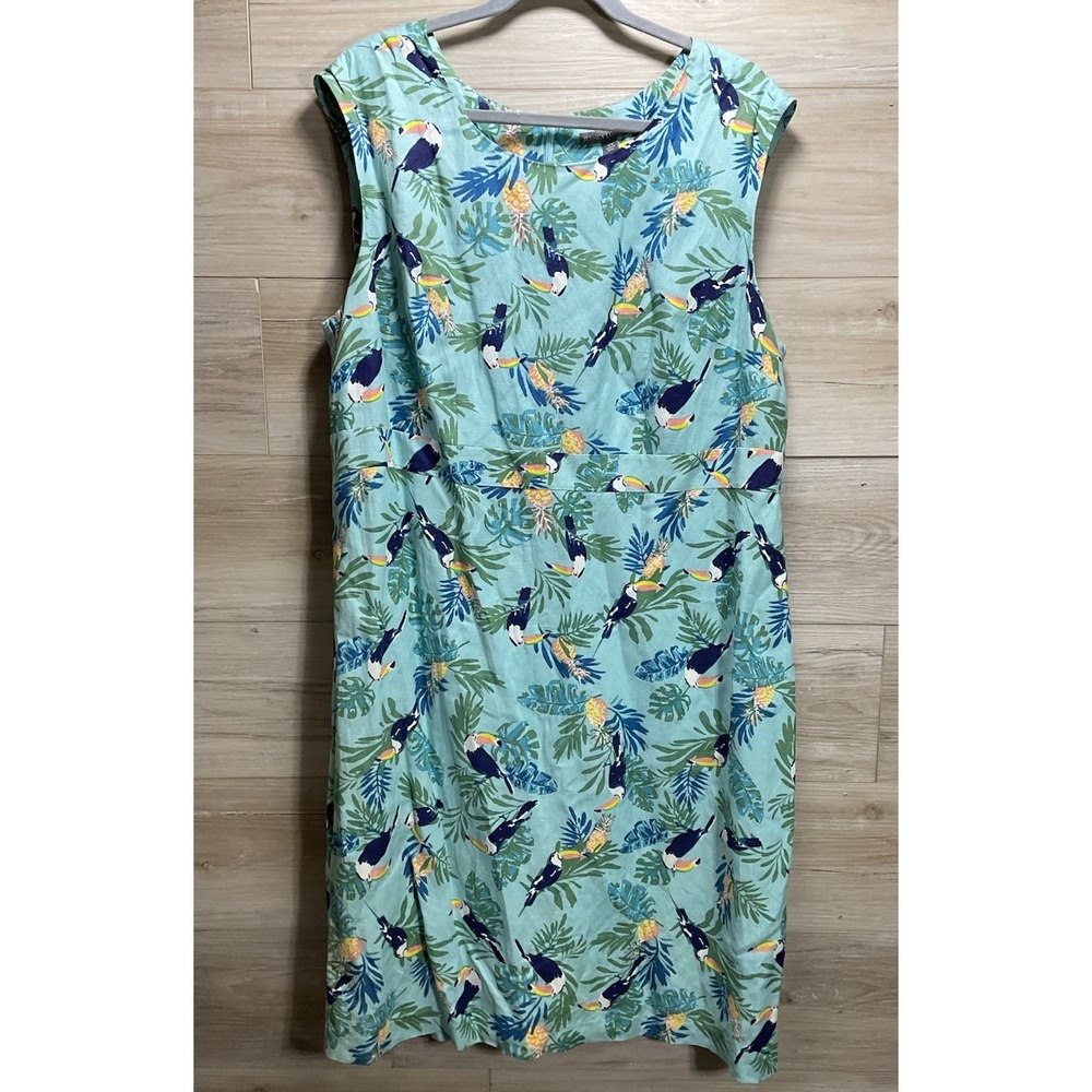 Jessica London 18W Linen Blend Dress Turquoise Floral Bird Print Lined - Picture 1 of 13